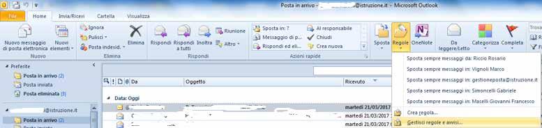 3 CREARE UNA REGOLA PER L ARCHIVIAZIONE AUTOMATICA DEI MESSAGGI Per archiviare automaticamente i messaggi ricevuti secondo una particolare regola è necessario