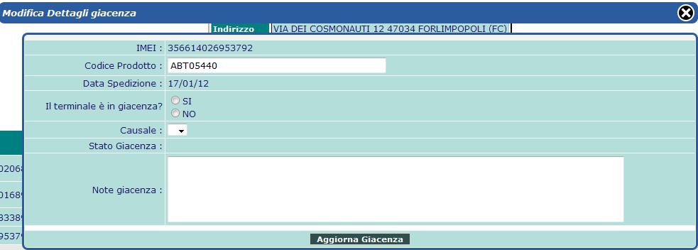 5.1 AGGIORNA GIACENZA Per confermare lo stato di ciascun terminale, l installatore deve selezionare il tasto Aggiorna Giacenza sulla destra della tabella.