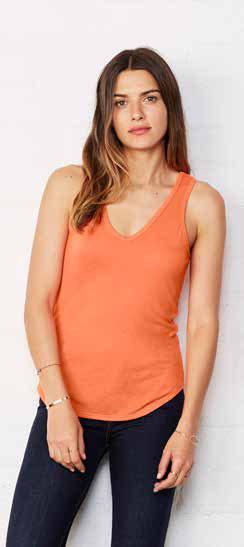 11 g/m 2 BE880 Flowy V-Neck Tank Canotta collo a V dalla silhoutte drappeggiata, orlo inferiore arrotondato e cuciture laterali. Tessuti: - Colori Solidi: 6% poliestere, 3% viscosa, g/m 2.