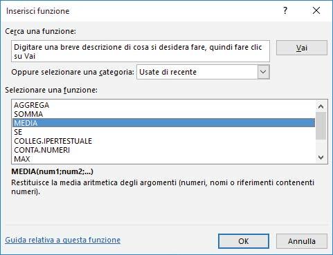 Inserire funzioni, creare formule Nella scheda Formule selezionare Inserisci funzione per aprire il Generatore di formule.