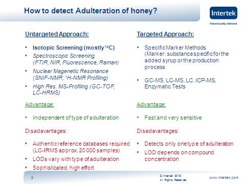 I test di adulterazione per rilevare le adulterazioni del miele seguono due tipi di approcci: -un approccio non mirato (untargeted), come lo screening isotopico (13C) o altre tecniche di screening