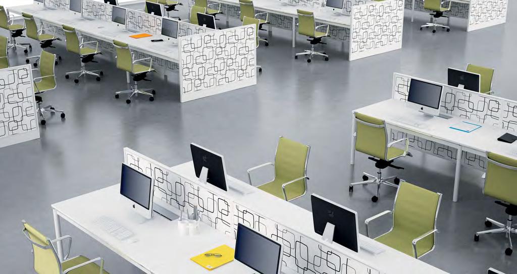 DYNAMISM AND ORGANIZATION. THE STRUCTURAL PARTITIONS DIVIDE the workstations: a composition multipliable indefinitely to create a particular rhythm between vertical and horizontal plans.