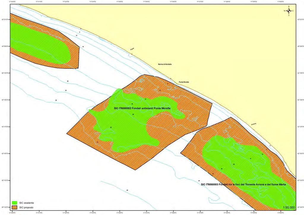 Figura 2 - Estensione attuale (verde) e proposta (colore tratteggiato) del SIC IT6000002 Fondali antistanti Punta Morelle.