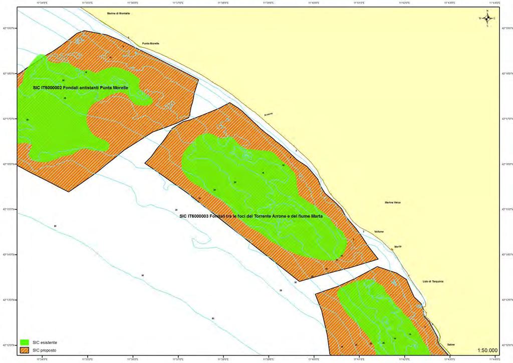 ridefinizione dei confini. L habitat 1110 (Associazione a Cymodocea nodosa) e l habitat 1170 (Coralligeno) coprono rispettivamente circa 6 ha e 59.5 ha di fondale marino.