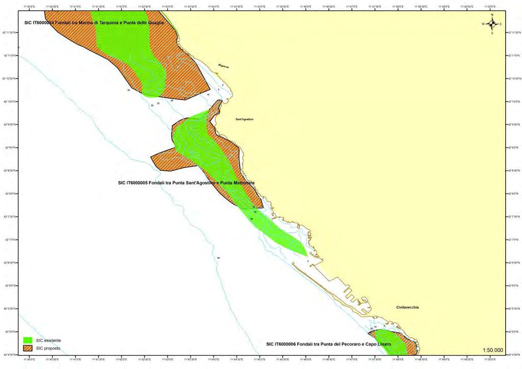 Figura 5 - Estensione attuale (verde) e proposta (colore tratteggiato) del SIC IT6000005 Fondali tra Punta S. Agostino e Punta Mattonara.