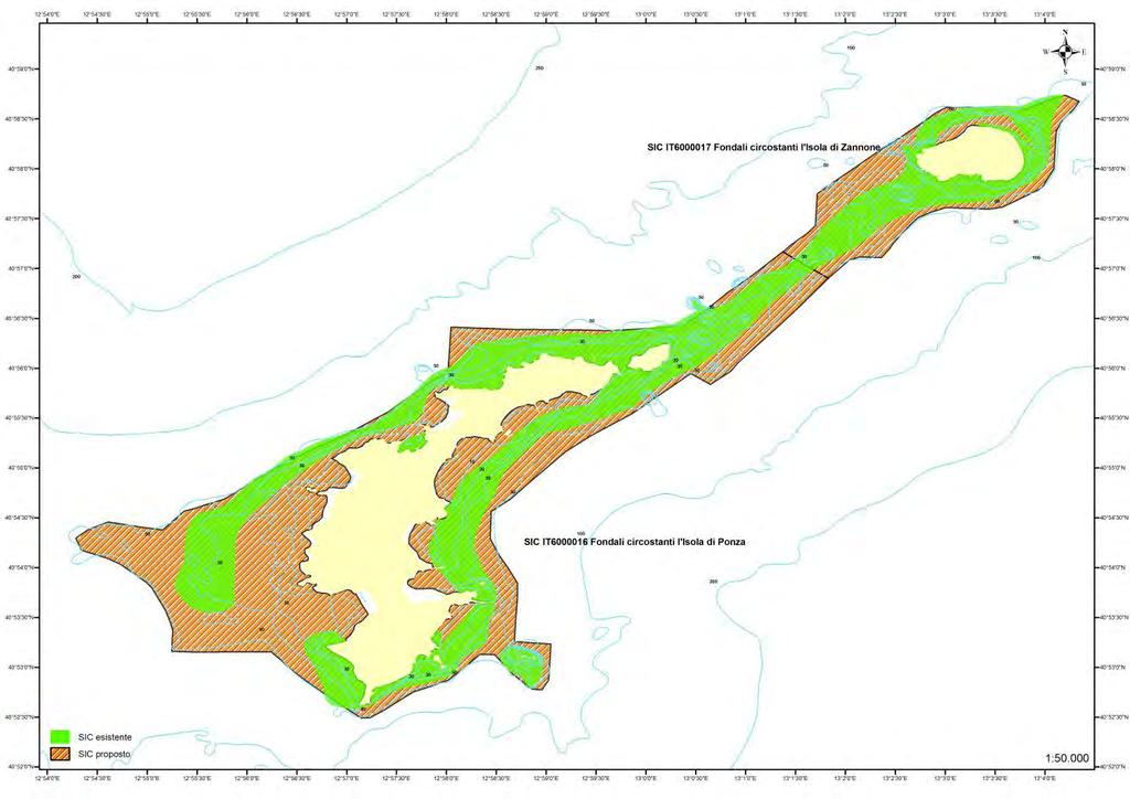 Figura 16 - Estensione attuale (verde) e proposta (colore tratteggiato) del SIC IT6000016 Fondali circostanti l Isola di Ponza.