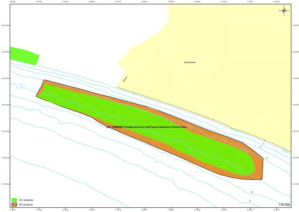 Figura 1 - Estensione attuale (verde) e proposta (colore tratteggiato) del SIC IT6000001 Fondali tra le foci del Fiume Chiarone e Fiume Fiora.