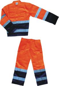 Pantalone con bande orizzontali fosforescenti, imbottitura interna staccabile; tasche e tasconi variamente collocati e dimensionati Colore "blu-arancio" Polo manica lunga invernale,manica corta