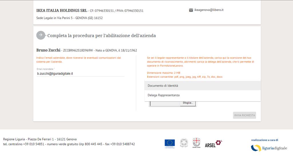 Sede legale, indirizzo dell azienda Nome e cognome, CF, luogo e data nascita del