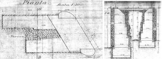47 Figura 56. Pianta di spalla e sezione del muro d accompagnamento ponte Chesola, linea Torino Pinerolo, progr. 10+898 (Archivio FS TO).