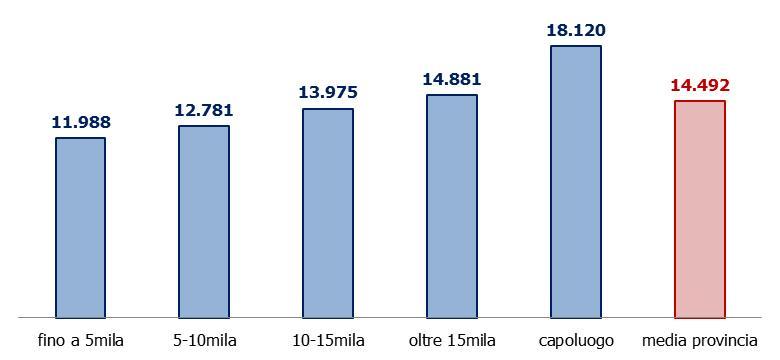 Le statistiche evidenziano una correlazione tra dimensione demografica e capacità reddituale. Infatti, i Comuni con meno di 5.000 abitanti fanno registrare un reddito medio che non supera i 12.