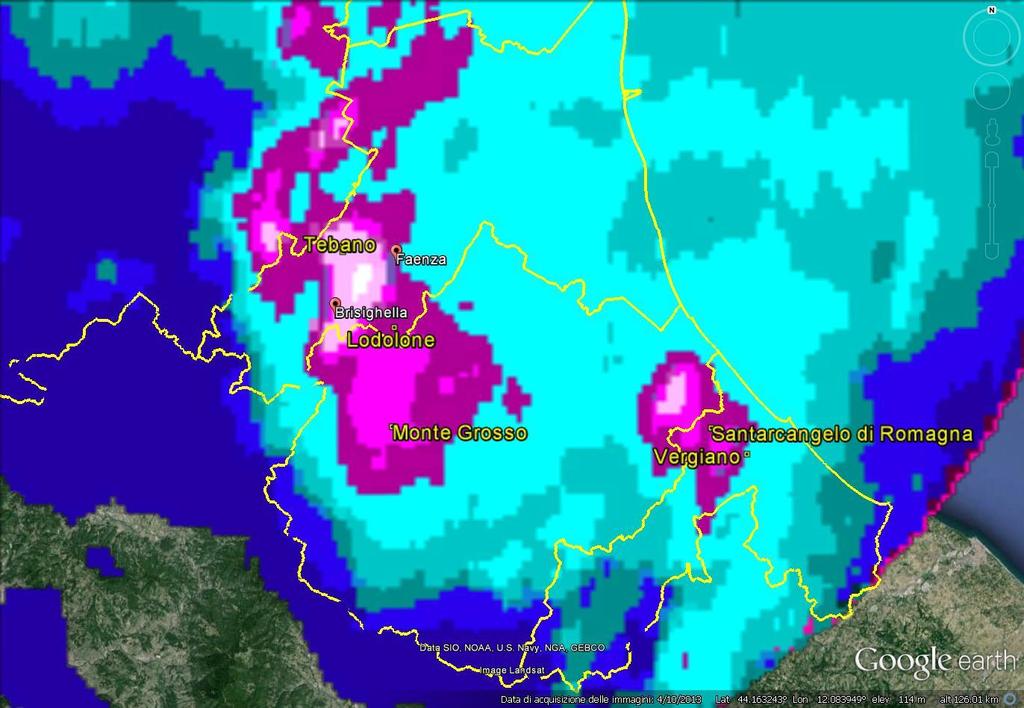 Figura 10: Zoom sulla Romagna della mappa di cumulata da radar, dalle 22UTC del 30/05/2014 alle 03.