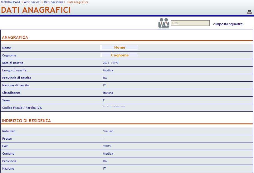 9.1. Dati Personali 9.1.1. Dati anagrafici Dalla pagina web di seguito riportata è possibile visualizzare le informazioni anagrafiche dell Utente presenti nell anagrafe della Banca.