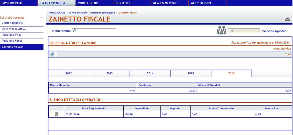 5.1.4. Zainetto Fiscale Si tratta di una funzione di "visualizzazione", che permette di consultare il proprio registro delle minusvalenze accantonate ai sensi del D. Lgs.