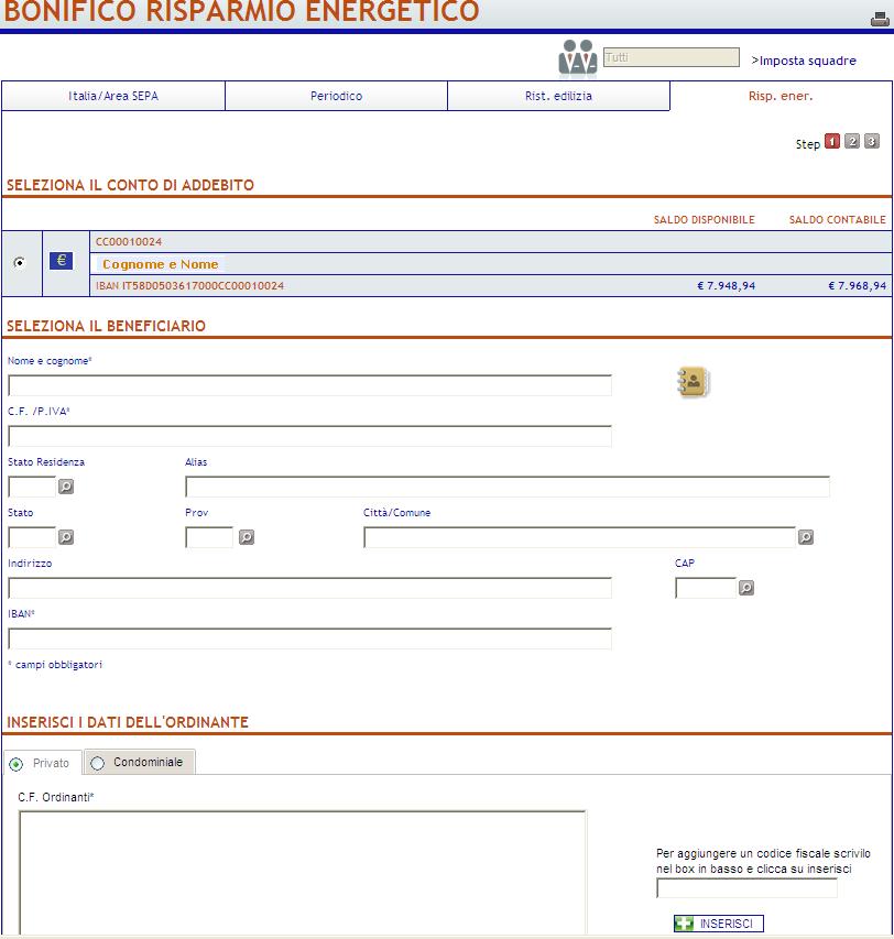 6.2.5. Bonifico Risparmio Energetico Attraverso la pagina web riportata nella figura sottostante è possibile disporre un bonifico per Risparmio Energetico, ai sensi della Legge n.