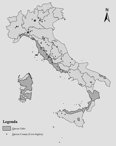 Toponimi e distribuzione de Quercus suber L. in Italia Dà vita a ibridi con cerro (Q.crenata Lam.= Q.