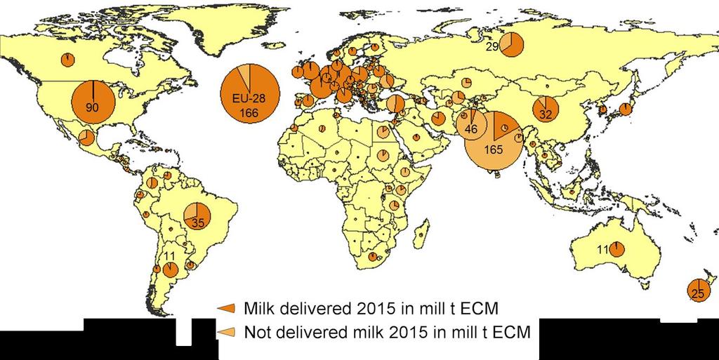 Produzione e consegne del latte nel 2015 Latte di vacca e di bufala in milioni di t latte ECM 62% della produzione è consegnata a imprese di trasformazione (di vacca e di bufale) India, China e