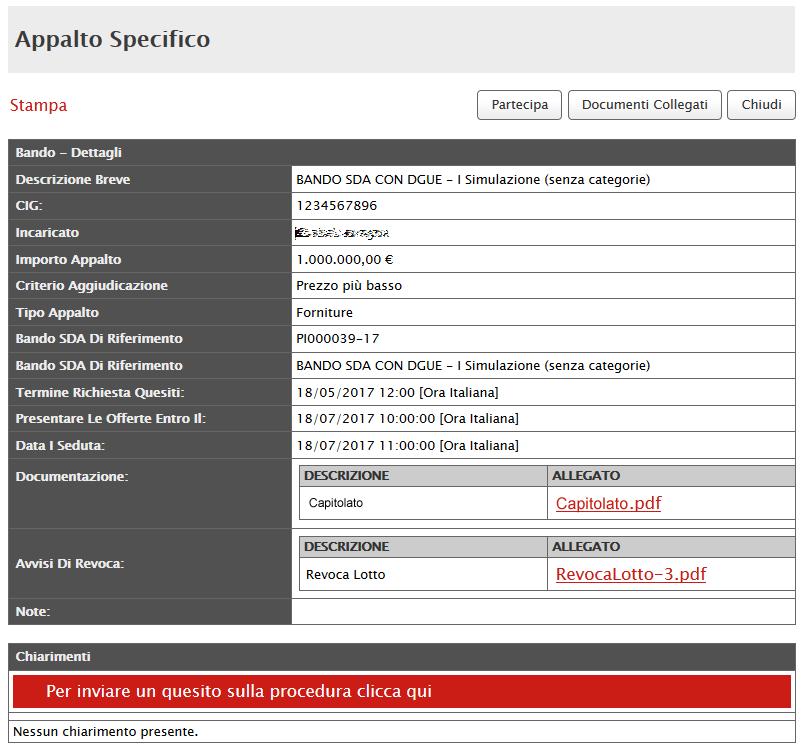 Figura 18: Accedere al dettaglio dell invito Verrà quindi mostrata la seguente schermata di dettaglio: Figura 19: Dettaglio Appalto Specifico Nella scheda di dettaglio saranno presenti tutti gli