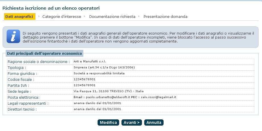 5. Verificare i dati anagrafici inseriti in fase di registrazione (cliccando su modifica è possibile rivedere tutte le