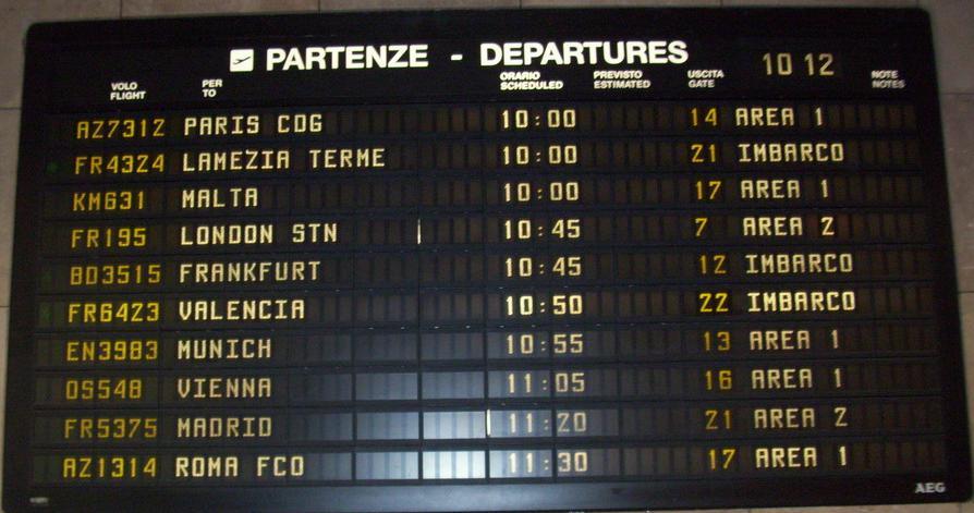 3. Guarda il tabellone delle partenze degli aerei e rispondi alle domande. Scrivi gli orari in lettere. Es.: Che ore sono? Sono le otto e dieci. 1. Che ore sono sul tabellone? Sono le 10.12 2.