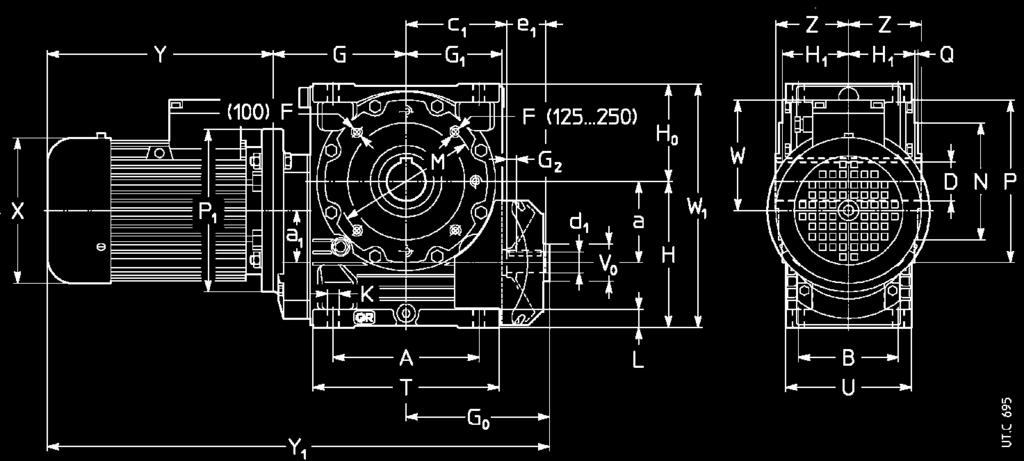 10 - Esecuzioni, dimensioni, forme costruttive e quantità d olio 10 - Designs, dimensions, mounting positions and oil quantities MR IV 100... 250 UT.