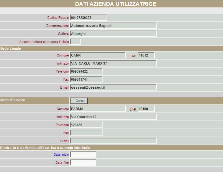 I campi Data inizio e Data fine indicano la data di inizio e di fine del contratto che l agenzia di somministrazione stipula con la
