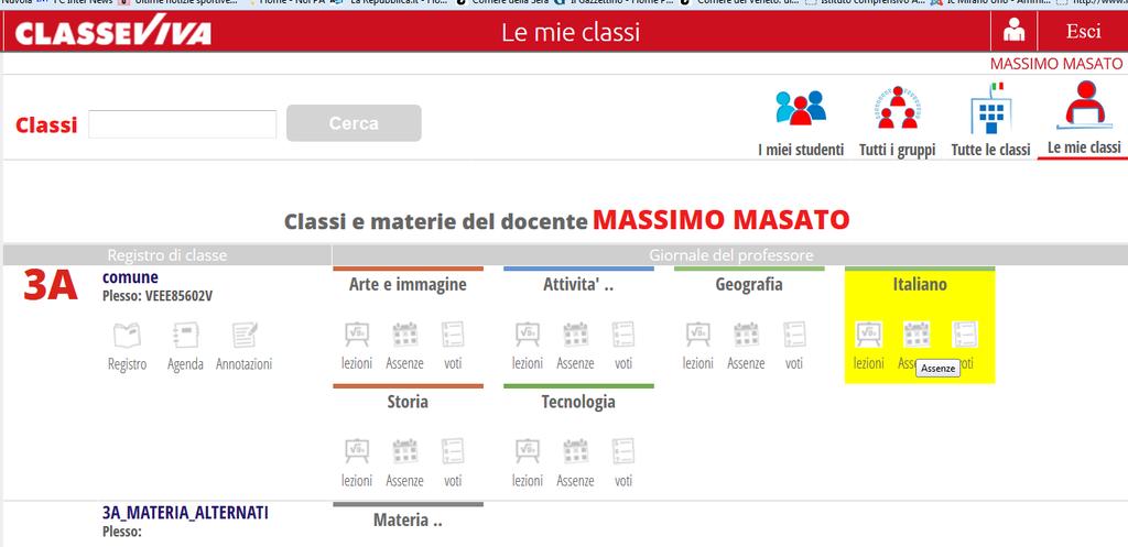 DI FINE ANNO SULLA MATERIA IN QUESTIONE TORNIAMO ALLA PAGINA INIZIALE APRIAMO "ASSENZE" icona centrale COMPARE L'ELENCO DEGLI ALUNNI.