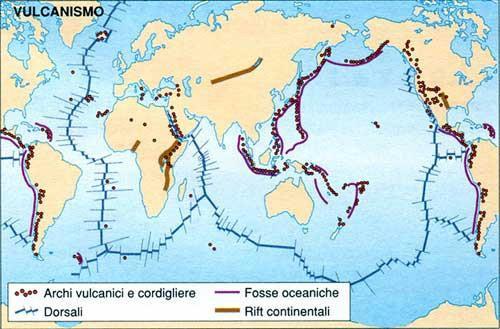 DISTRIBUZIONE DEI VULCANI SULLA SUPERFICIE DELLA TERRA L immagine evidenzia che i vulcani sono distribuiti principalmente lungo i margini delle zolle (come anche i