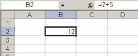 Figura 75: Esempio di formula Nella cella B2 abbiamo digitato =7+5.
