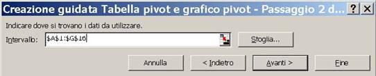 Figura 132: Creazione guidata tabella pivot - Finestra 2 In questa finestra dobbiamo indicare l intervallo di celle da analizzare.