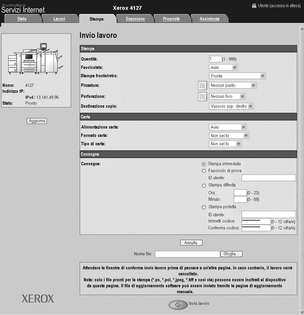 Operazioni da computer 3. Dalla schermata Servizi Internet CentreWare, selezionare la scheda Stampa. 4.