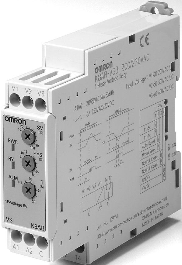 Relè di tensione monofase K8AB-VS Ideale per il controllo della tensione per impianti e apparecchiature industriali Relè di controllo monofase di massima o minima tensione, impostabile tramite dip