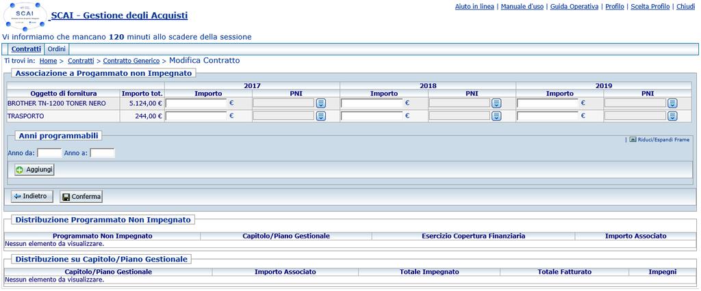 Associazione PNI Una volta perfezionato il contratto generico si può procedere all associazione delle righe al programmato non impegnato, precedentemente inserito utilizzando la funzione