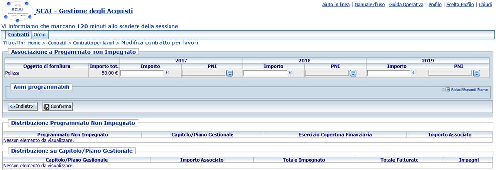 Associazione PNI Una volta perfezionato il contratto per lavori si può procedere all associazione delle righe al programmato non impegnato, precedentemente inserito utilizzando la funzione