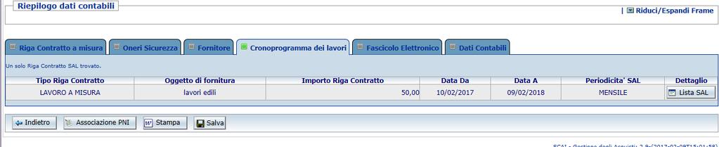 Selezionando il tasto Indietro si ritorna ai dati generali del contratto. L utente selezionando il tasto Salva, renderà definitivo il salvataggio.