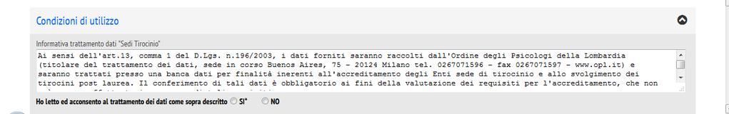 Per poter procedere, ricordatevi di accettare le condizioni di utilizzo e la nuova informativa sul trattamento dei dati, contrassegnando la casella SI al di sotto del riquadro contenente l