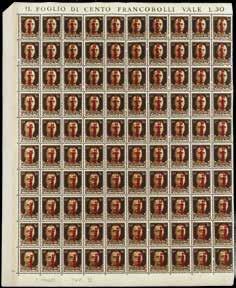 - Il foglio di 100 esemplari tiratura di Milano (Bol. n. 24) (Sass. n. 494) 150 2323 K 1944 - Fascetto 75 c.
