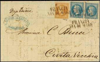 27A) (Sass. n. 30) 150 incoming mail 133 A 1869 - Francia/Via di mare - Stampatello diritto annullatore di Napoleone 10 c.