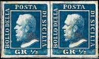 sicilia saggi e prove 137 I 1858 - La Barbera - 1/2 gr. azzurro prova di colore coppia orizzontale - Da esaminare - Cert. Diena - Firma G. Bolaffi e A.G. Bolaffi (Sass.