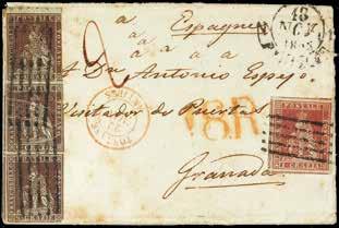 205 207 205 A 1851-1 cr. carminio + 9 cr. bruno violaceo striscia di tre su lettera del 18 novembre 1853 da Firenze per Granada - Da esaminare (Bol. n. 3+8) (Sass. n. 4+9) 400 206 A 1851-1 cr.