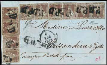 bruno su carta grigia cinque copie orizzontali su lettera del 6 agosto 1859 da Livorno per Alessandria d'egitto - Da esaminare - Cert. Diena (Bol. n. 8) (Sass. n. 8) 1.