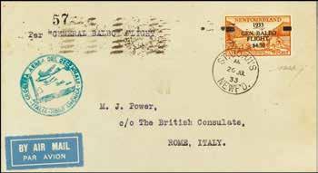 2178 2181 2178 A 1933 - Balbo Terranova $ 4,50/65 c. bistro su aerogramma del 26 luglio da St. John's per Roma - Cert. Bolaffi (Bol. n.