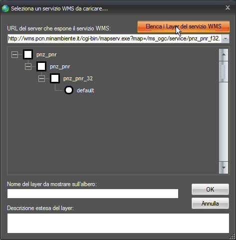 Da questa finestra è possibile specificare l URL del server WMS, elencare i layer del servizio selezionato, specificare il nome e la descrizione estesa del layer a cui è