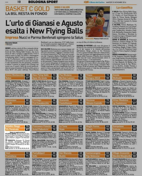 Pagina 10 Il Resto del Carlino (ed. Bologna) Atletico Borgo 71 Vis Persiceto 67 (dopo un supplementare) ATLETICO BORGO: Veronesi 20, M.