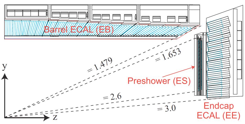 50 Capitolo 3. L apparato sperimentale di CMS. Il calorimetro è suddiviso in una parte centrale cilindrica, indicata come ECAL barrel (EB), chiusa ai lati da due ECAL endcap (EE).