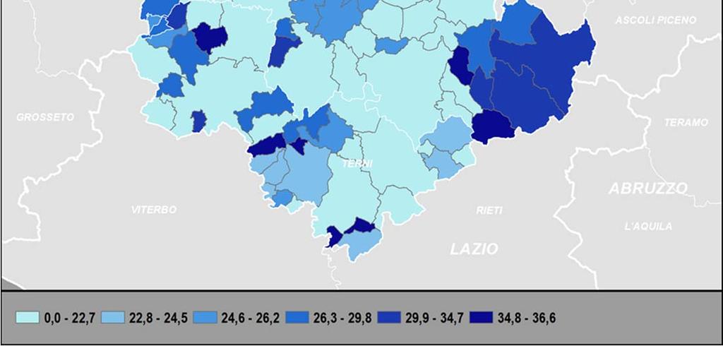 trent anni). Nella prima classe (fino al 22,7 per cento) si trova la metà dei comuni; le restanti classi sono riferite ai cinque successivi decili.