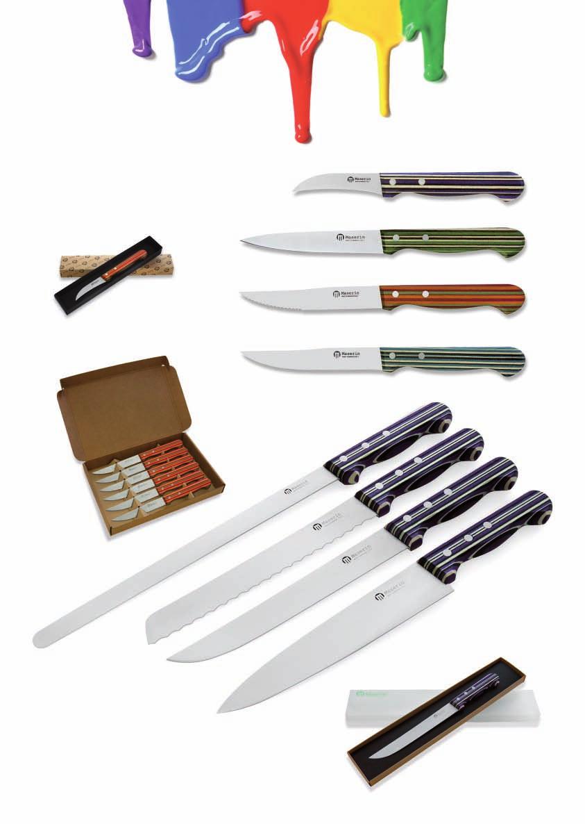 linea Pioppo Lame: Acciaio AISI 420 Blades: AISI 420 Stainless steel Manici: Pioppo multistrato colorato Handles: Multilayer colored poplar Colori: Viola, Verde, Arancione, Blu Colors: Purple, Green,