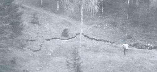 Fig. 5 La frattura che delimitava la massa instabile si aprì sul terreno 3 anni prima dell evento Il 4 novembre del 1960, quando il livello della diga aveva raggiunto 650 m s.l.m., circa 700'000 m 3 di materiale si staccò dalla parete ovest e scivola nel lago, creando onde sopra i 20 metri contro la diga.