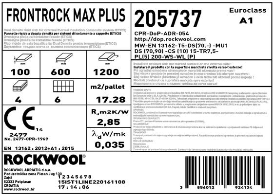 Esempio di etichetta di un prodotto ROCKWOOL Codice univoco della Dichiarazione di Prestazione EUROCLASSE: indica la classe di reazione al fuoco, secondo la normativa europea EN 13501-1.