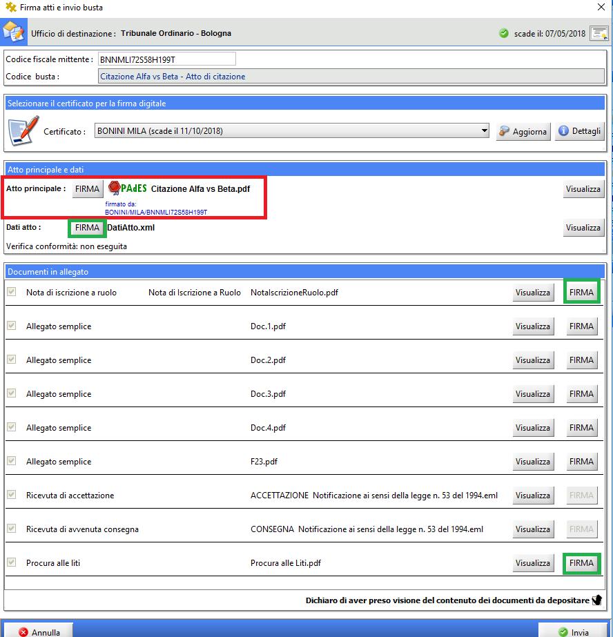 FIRMA ATTI E INVIO BUSTA L Atto principale ossia il file atto di citazione che abbiamo notificato e importato nella fase precedente di creazione busta risulterà già firmato digitalmente quindi NON